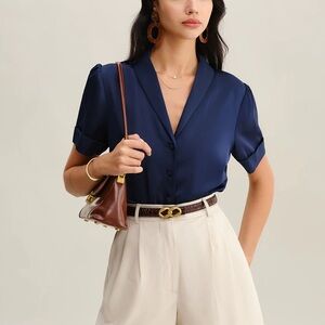 Rihoas Navy Satin Button Blouse